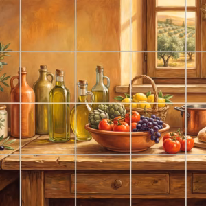 A rustic kitchen still life painting with olive oil, bread, and vegetables.