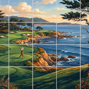Painting of a vintage golfer on a scenic golf course by the sea.