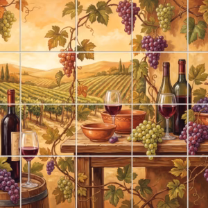 A Good Red tile mural: tile mural of a wine and grapes still life with a vineyard view.