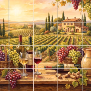 A tile mural depicting a rustic Tuscan vineyard scene with wine and grapes.
