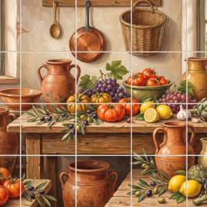 Rustic still life tile mural of a kitchen table with fresh harvest vegetables.
