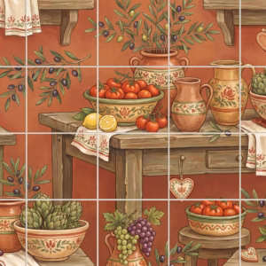 A tile mural of a rustic kitchen with tomatoes, artichokes, olives, and lemons.