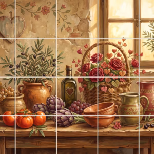 Hearts and Flowers V tile mural: a painterly still life mural of Mediterranean food and flowers on a wooden table.