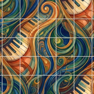 Abstract mural of flowing piano keyboards with colourful blue, green, and orange swirls.