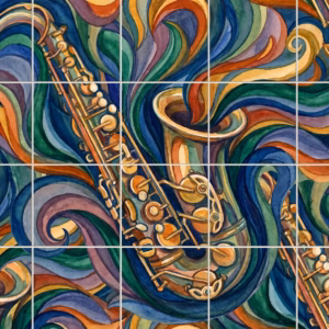 Watercolour painting of abstract golden saxophones amidst swirling blue, green, and orange waves.