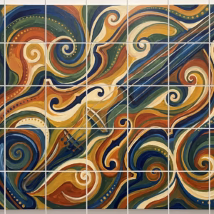 Abstract tile mural of a violin amidst swirling patterns of blue, green, and ochre.