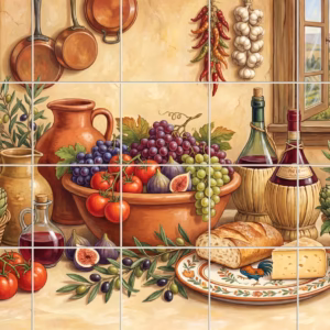 A painted still life of a Tuscan kitchen scene with wine, fruit, and bread.
