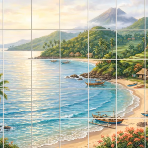 A painted tile mural of a tropical beach scene with a volcano.