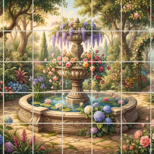 A painterly mural of a classical fountain in a lush, flower-filled garden.