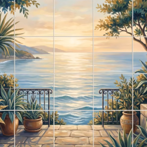 Terrace View tile mural: a painted mural of a Mediterranean terrace view over the sea at sunset.
