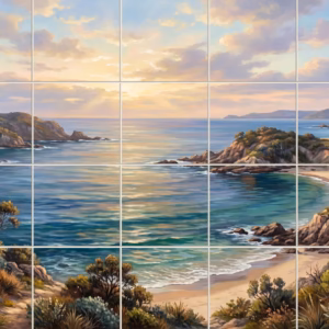 A tile mural of a painted coastal scene with secluded coves at sunset.