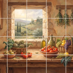 A painterly mural of a rustic kitchen with a window view of Tuscany.