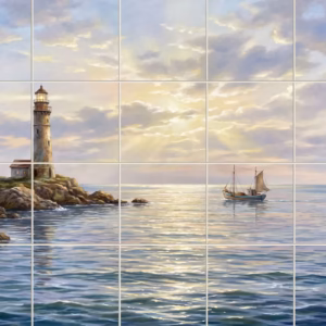 A painted tile mural of a lighthouse on a rocky coast with a boat at sea.