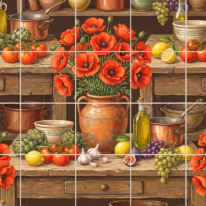 A painted still life tile mural of a rustic kitchen with red poppies.