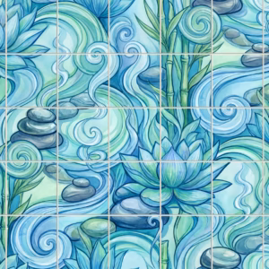 A stylised tile mural of lotus flowers, bamboo, and stones in flowing water.