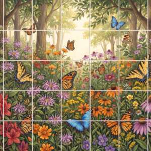 Tile mural of a painting showing butterflies in a sunlit wildflower meadow.