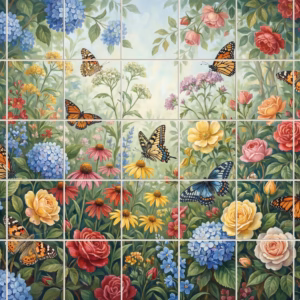 Painted tile mural of a dense flower garden filled with numerous colourful butterflies.