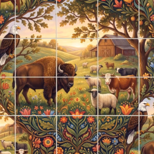 Folk art mural of an American farm with bison, eagles, and cows.
