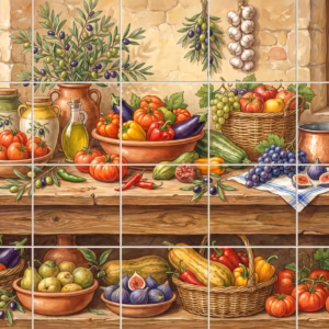 A watercolour painting of a rustic table with fresh Mediterranean fruit and vegetables.