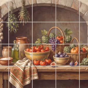 A painted still life of a Mediterranean harvest on a rustic wooden table.