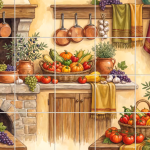 A watercolour tile mural of a rustic Mediterranean kitchen with fresh harvest produce.