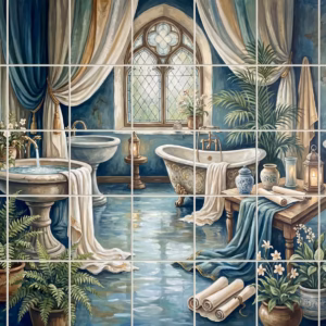 A classical painting of an opulent bathroom with Gothic windows, claw-foot tubs, and plants.