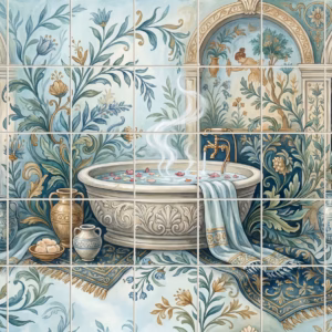 A tile mural of a classical Roman bath with ornate floral wall patterns.