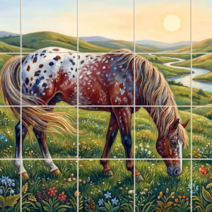 A painted mural of a spotted horse grazing in a colourful wildflower meadow.