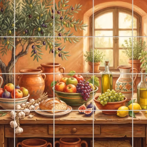 Apples tile mural: a painted mural of a rustic Mediterranean table with fresh fruit and an olive tree.