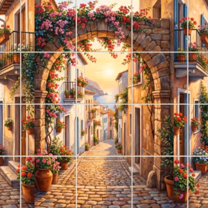 A sunlit cobblestone street in a Mediterranean village with flowers and an arch.