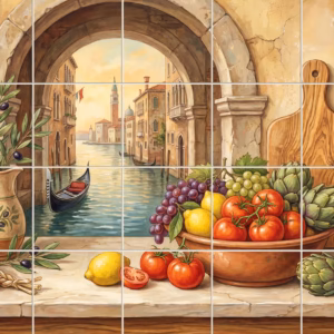 A painted still life of Italian food on a windowsill overlooking a Venice canal.