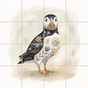 A ceramic tile mural of a puffin decorated with colourful folk art flowers.