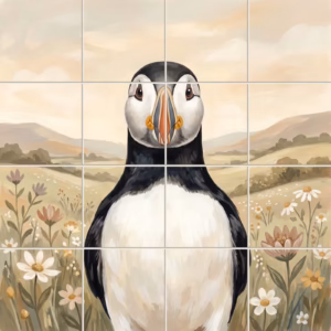 A painterly tile mural of a puffin looking forward from a wildflower meadow.