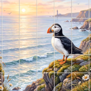 Atlantic Puffin No. 10 tile mural: a painterly mural of a puffin on a cliff overlooking the sea at sunset.