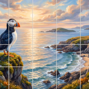 Atlantic Puffin No. 14 tile mural: oil painting of a puffin on a cliff watching a coastal sunset.