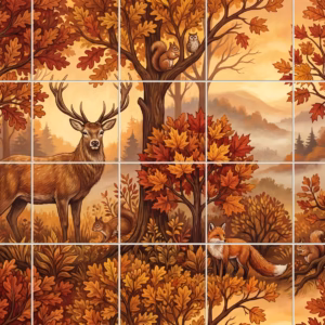 An illustrative tile mural of an autumn forest with a stag, foxes, and owls.