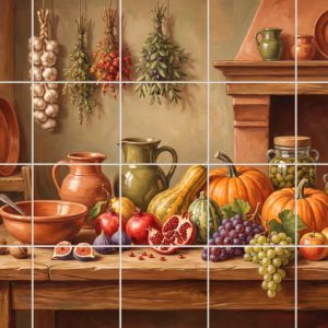 A classic painting of a rustic kitchen table laden with an autumn harvest.