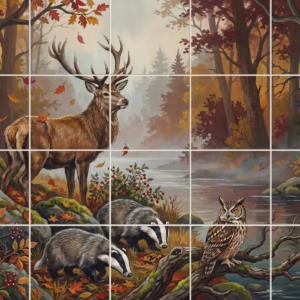 An autumn forest scene mural with a stag, two badgers, and an owl.