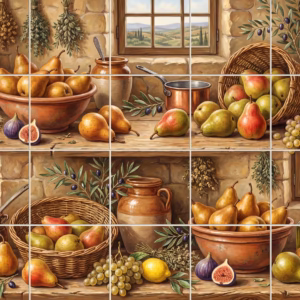 A rustic still life painting of pears, figs, and grapes on kitchen shelves.