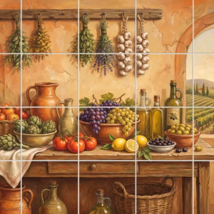 Painted mural of a rustic Italian kitchen table with fresh produce and vineyard view.