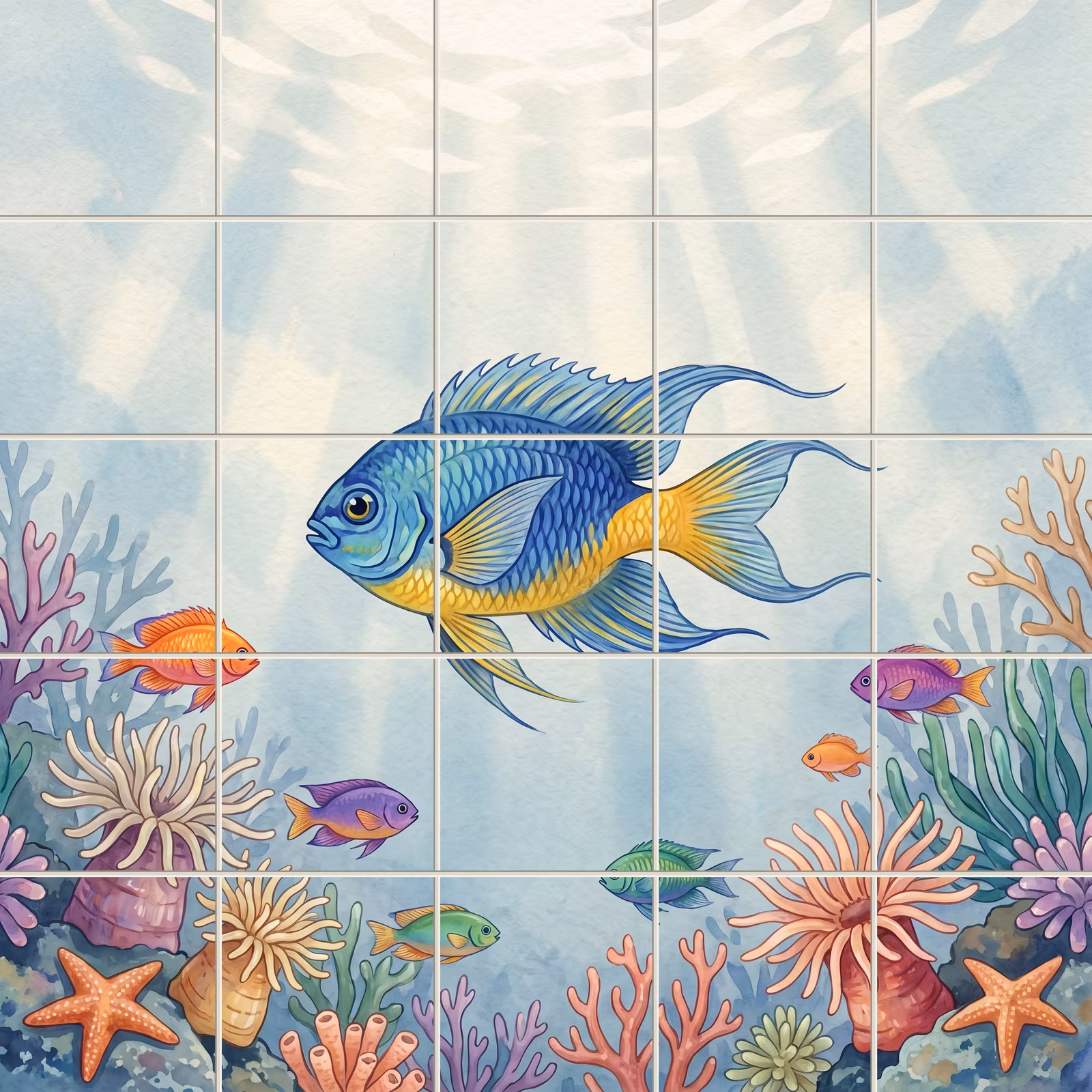 A watercolour tile mural of colourful fish swimming above a vibrant coral reef.