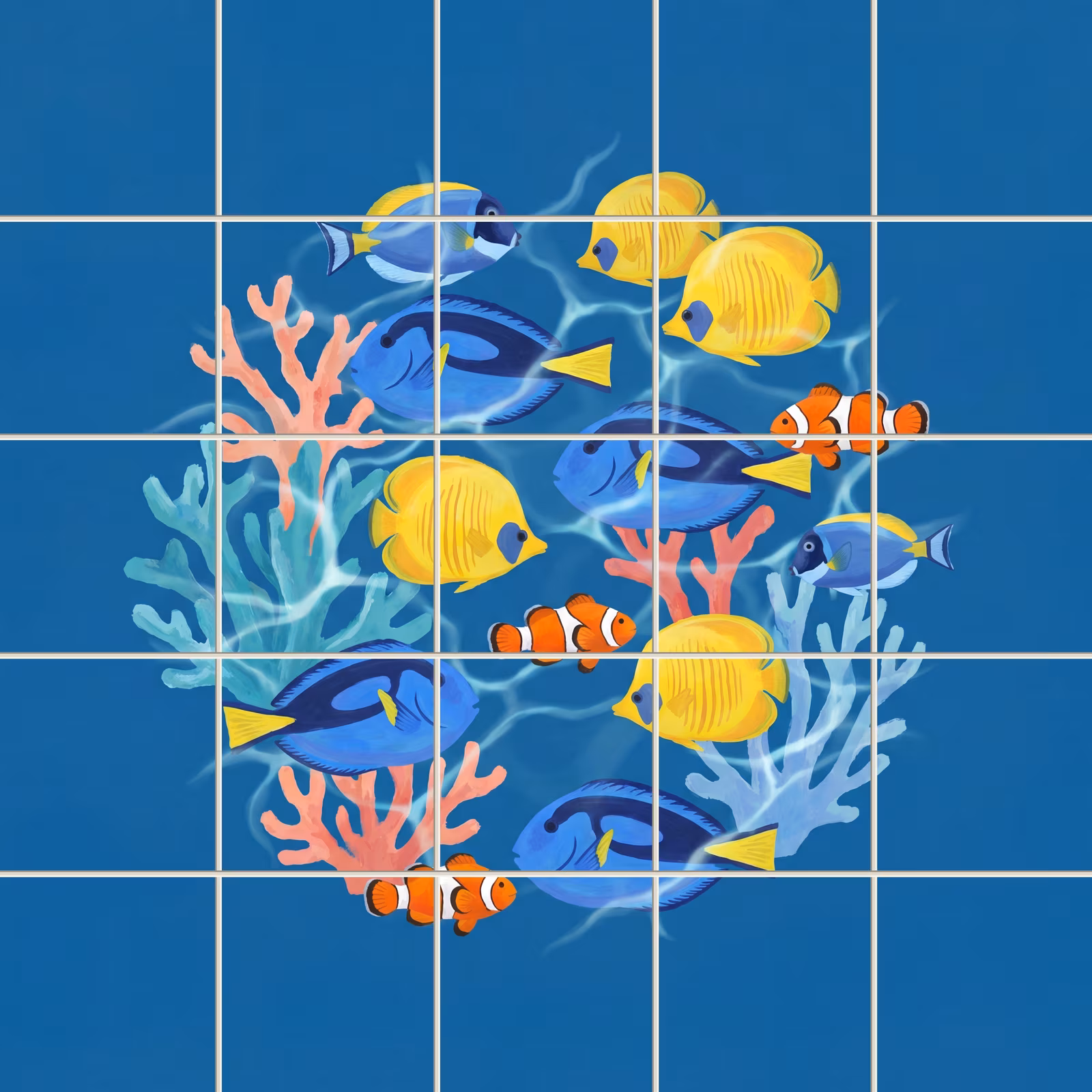 Tile mural showing illustrated tropical fish like clownfish and tangs around coral.