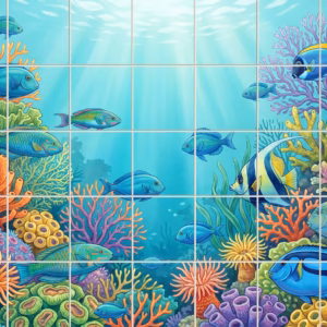 A colourful illustrated tile mural of tropical fish swimming in a vibrant coral reef.