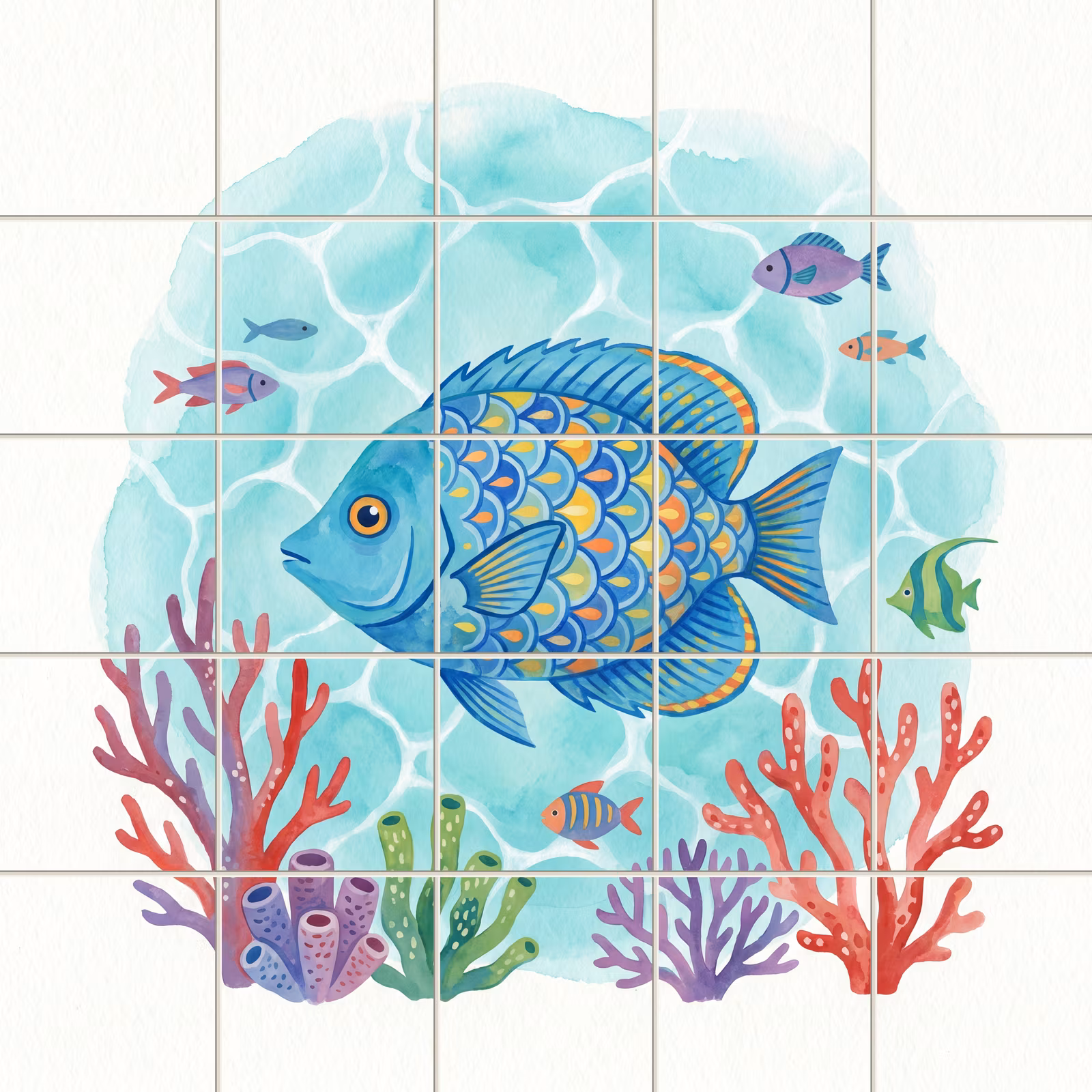 A watercolour tile mural of a large blue fish and colourful coral reef.