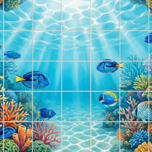 An underwater coral reef tile mural with blue and yellow tropical fish swimming.