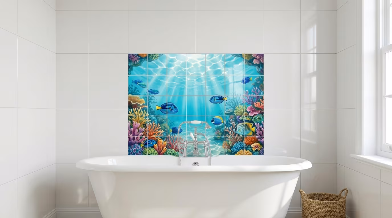 Azure Tropical Fish V tile mural