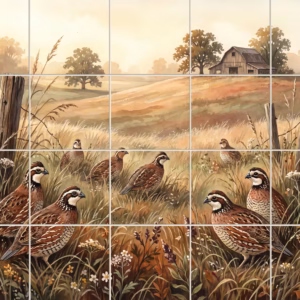Watercolour mural of quail birds in a grassy field with a rustic barn.