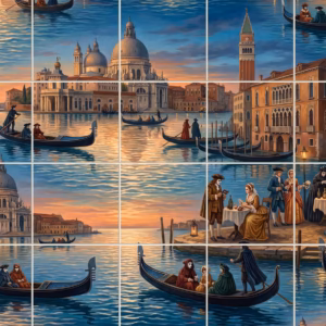 A tile mural of a classical painting depicting masked figures in gondolas in Venice.
