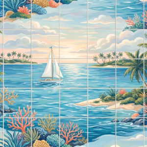 Painterly tile mural of a sailboat on a tropical sea with coral and palms.