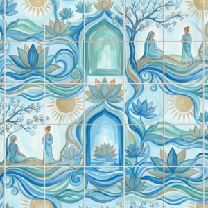 A repeating tile mural of meditating figures, lotus flowers, and waves in blue and teal.